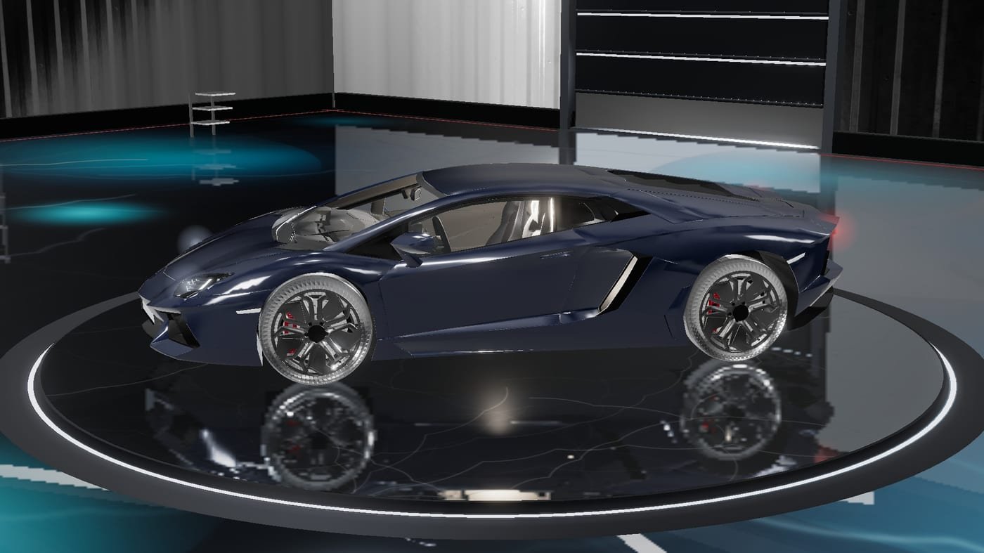 Supercar centrée sur le plateau tournant de l'atelier 3D, sol en résine époxy miroir